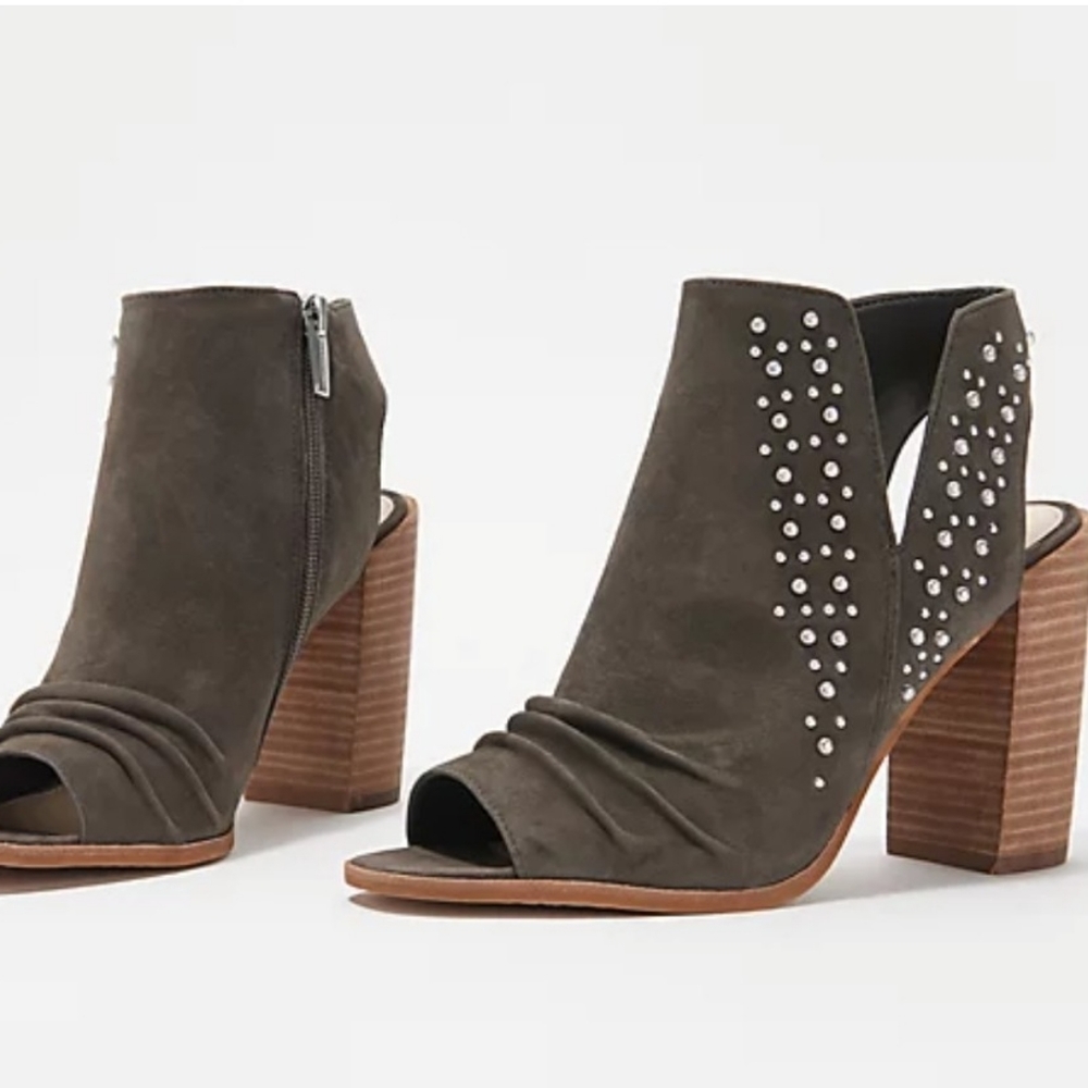 Vince Camuto Machine Grey Suede Peep toe Booties Designer Leather Rhinstones